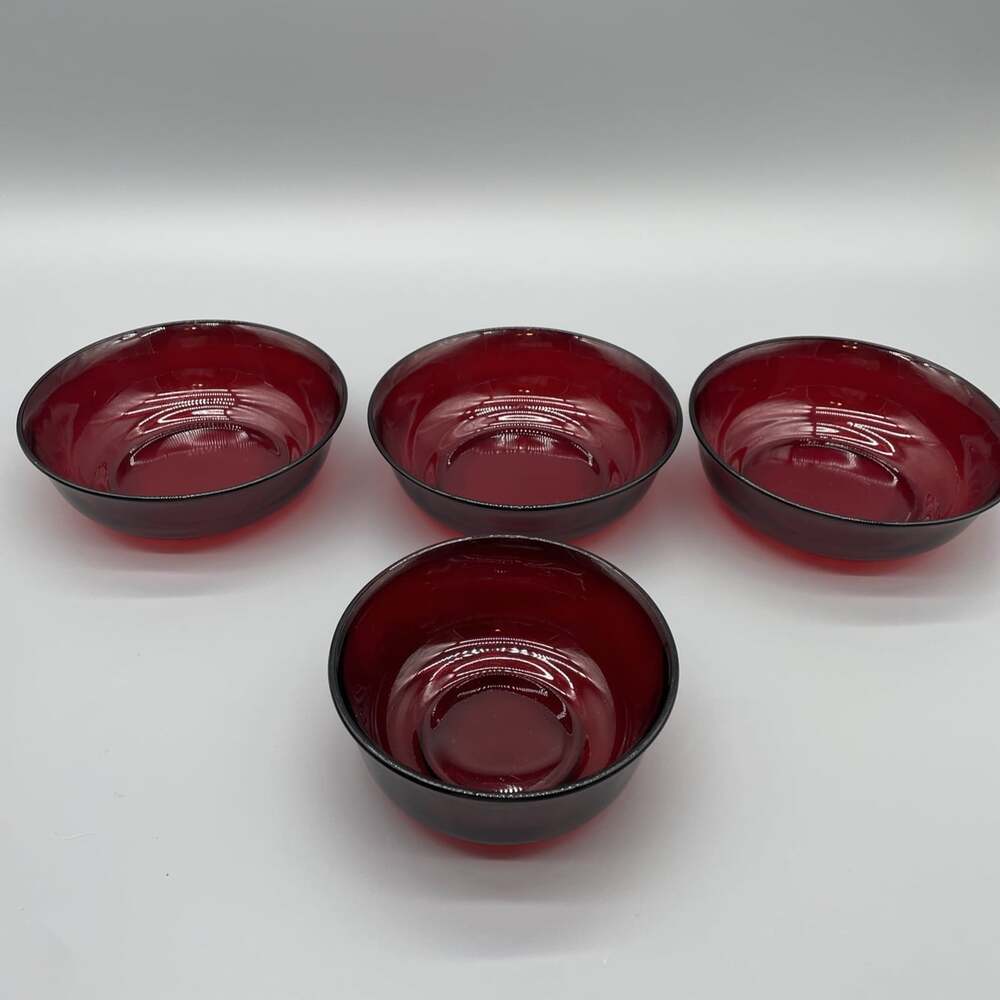 3 Vtg Arcoroc France 6” Red Glass Salad Bowls & 1 - 5” Dessert Bowl.
